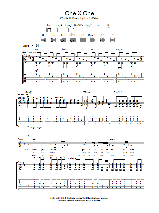 Paul Weller One X One Sheet Music Notes & Chords for Melody Line, Lyrics & Chords - Download or Print PDF