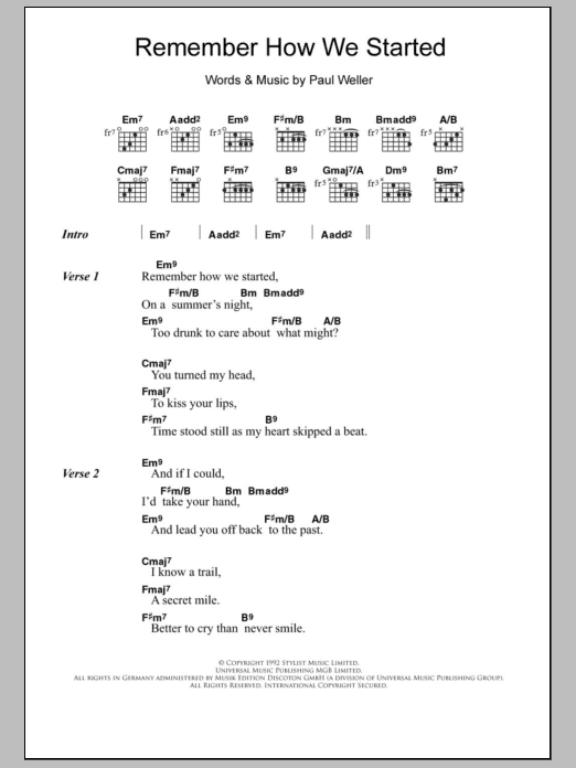 Paul Weller Remember How We Started Sheet Music Notes & Chords for Lyrics & Chords - Download or Print PDF