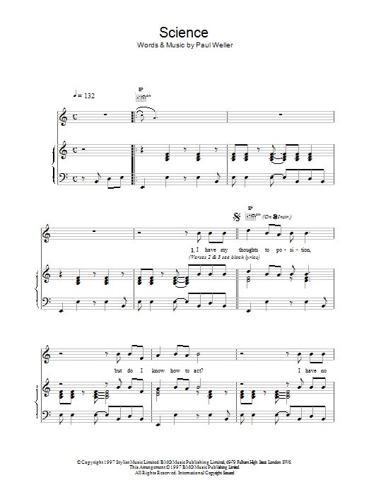 Paul Weller Science Sheet Music Notes & Chords for Piano, Vocal & Guitar (Right-Hand Melody) - Download or Print PDF