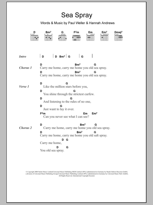 Paul Weller Sea Spray Sheet Music Notes & Chords for Lyrics & Chords - Download or Print PDF