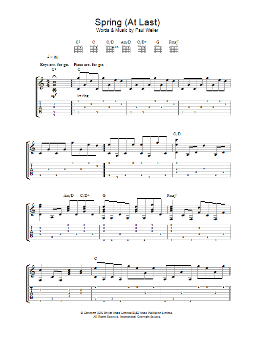 Paul Weller Spring (At Last) Sheet Music Notes & Chords for Guitar Tab - Download or Print PDF