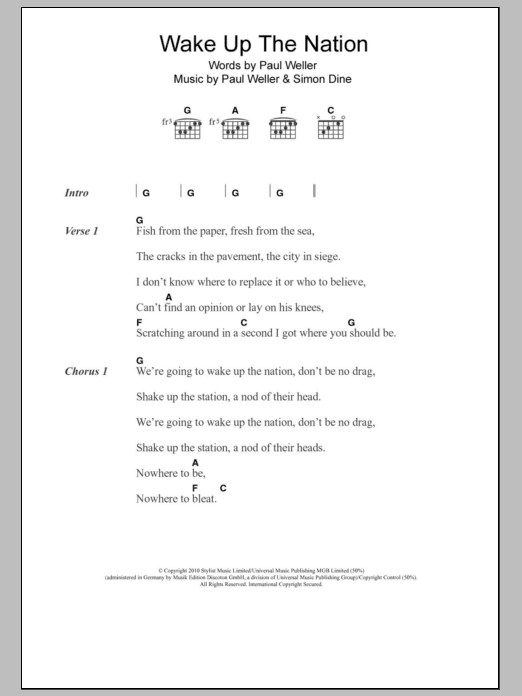 Paul Weller Wake Up The Nation Sheet Music Notes & Chords for Lyrics & Chords - Download or Print PDF