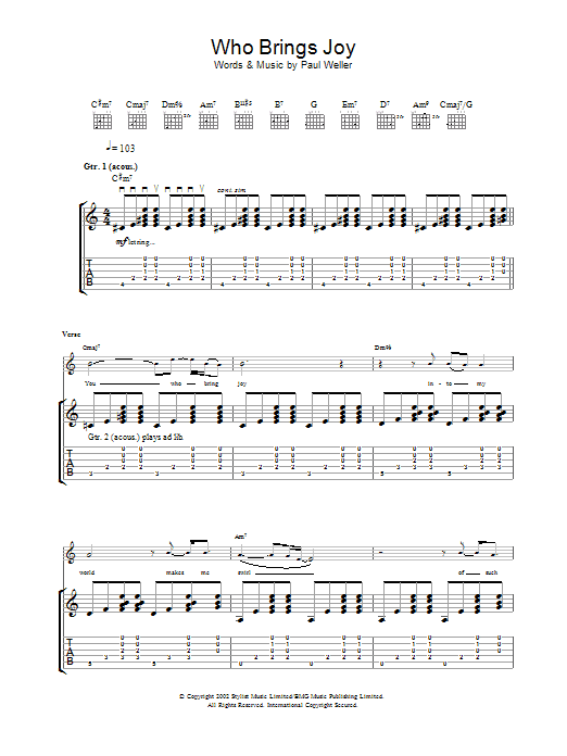 Paul Weller Who Brings Joy Sheet Music Notes & Chords for Guitar Tab - Download or Print PDF