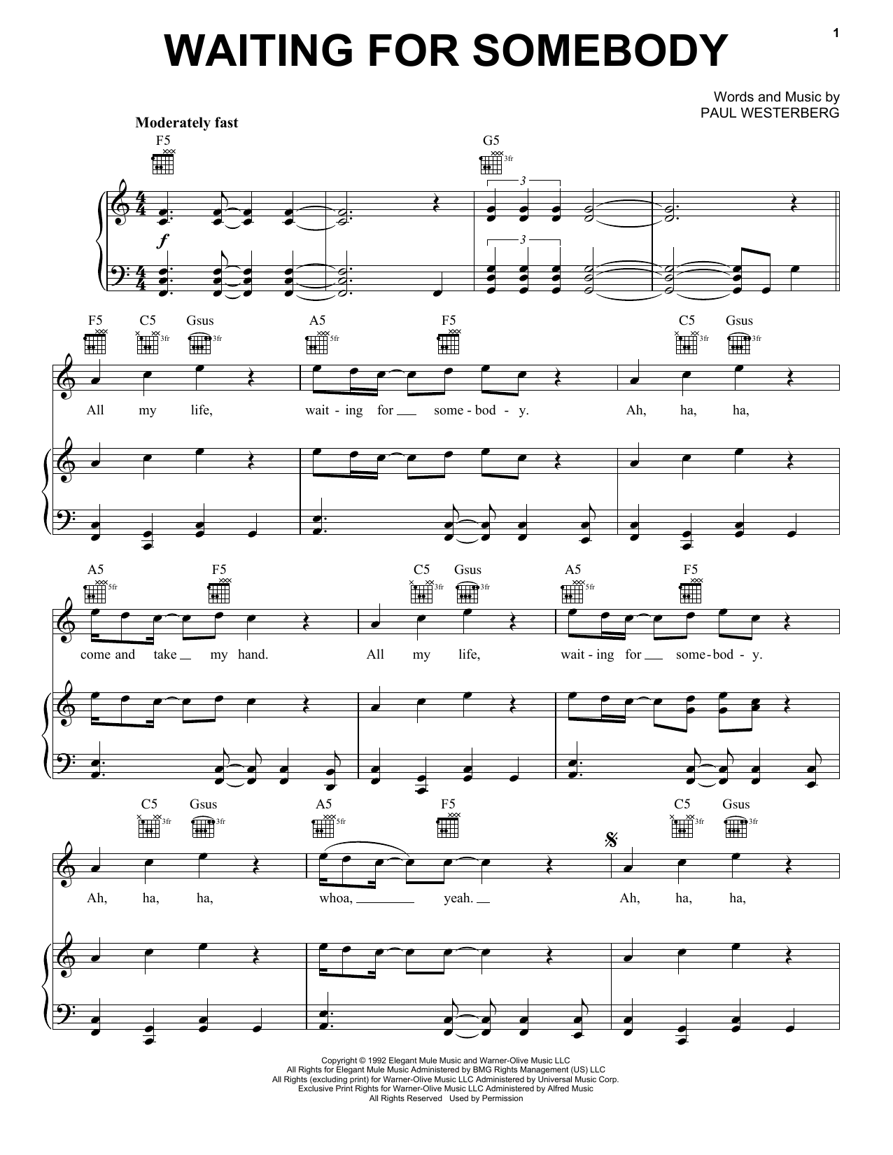 Paul Westerberg Waiting For Somebody Sheet Music Notes & Chords for Piano, Vocal & Guitar (Right-Hand Melody) - Download or Print PDF