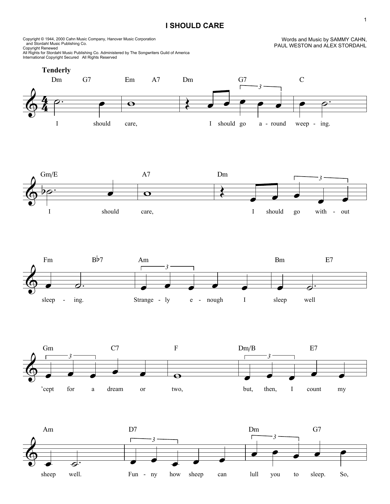 Paul Weston I Should Care Sheet Music Notes & Chords for Melody Line, Lyrics & Chords - Download or Print PDF