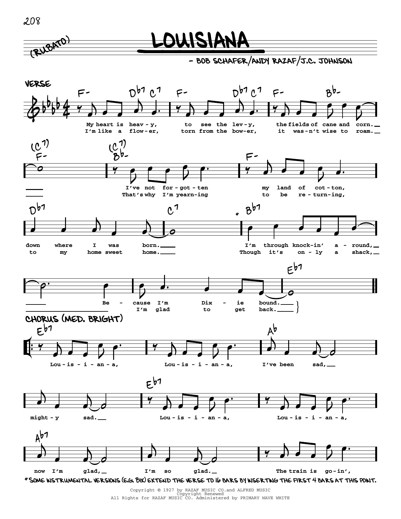 Paul Whiteman & His Orchestra Louisiana (arr. Robert Rawlins) Sheet Music Notes & Chords for Real Book – Melody, Lyrics & Chords - Download or Print PDF