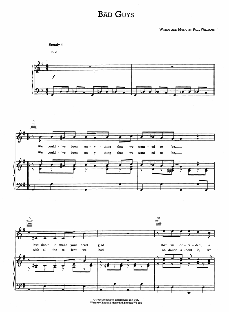 Paul Williams Bad Guys (from Bugsy Malone) Sheet Music Notes & Chords for Piano, Vocal & Guitar (Right-Hand Melody) - Download or Print PDF