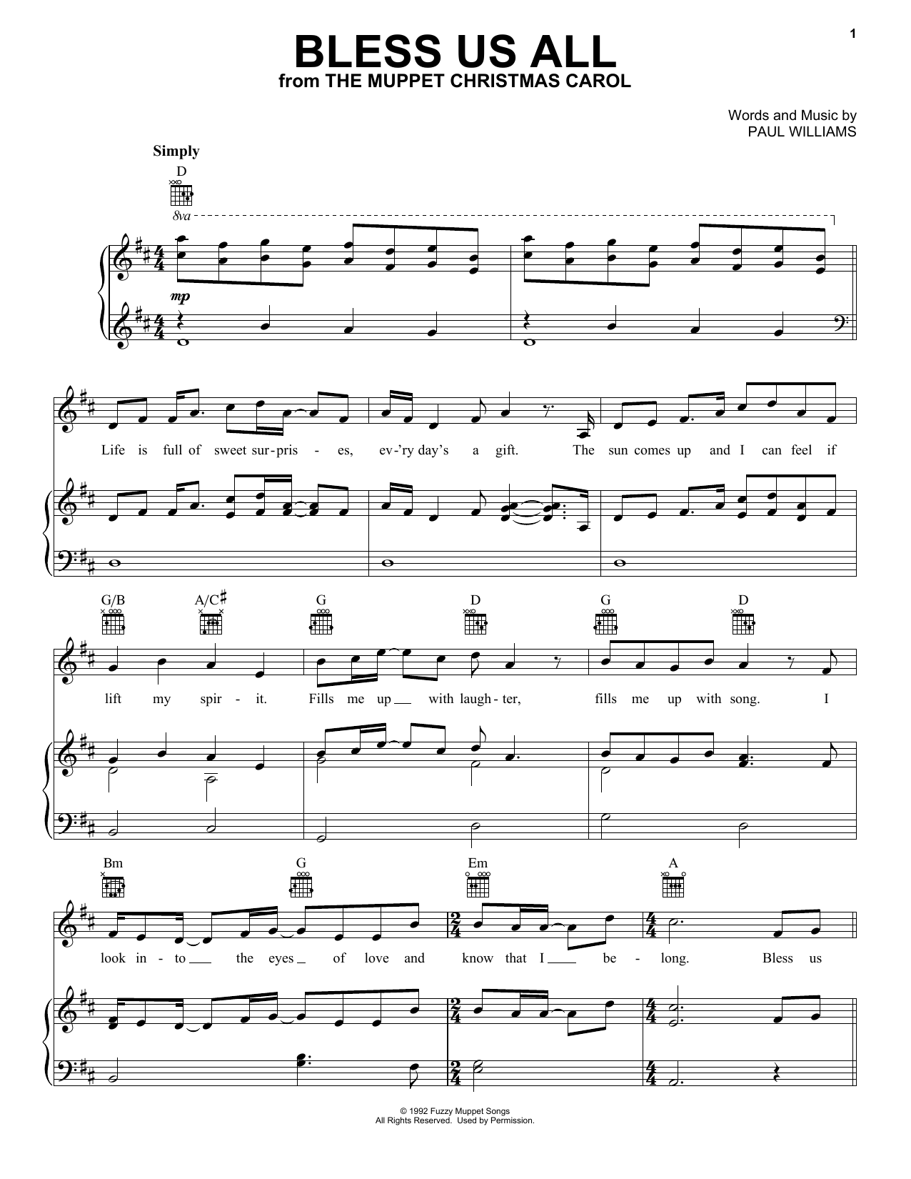 Paul Williams Bless Us All (from The Muppet Christmas Carol) Sheet Music Notes & Chords for Piano, Vocal & Guitar (Right-Hand Melody) - Download or Print PDF