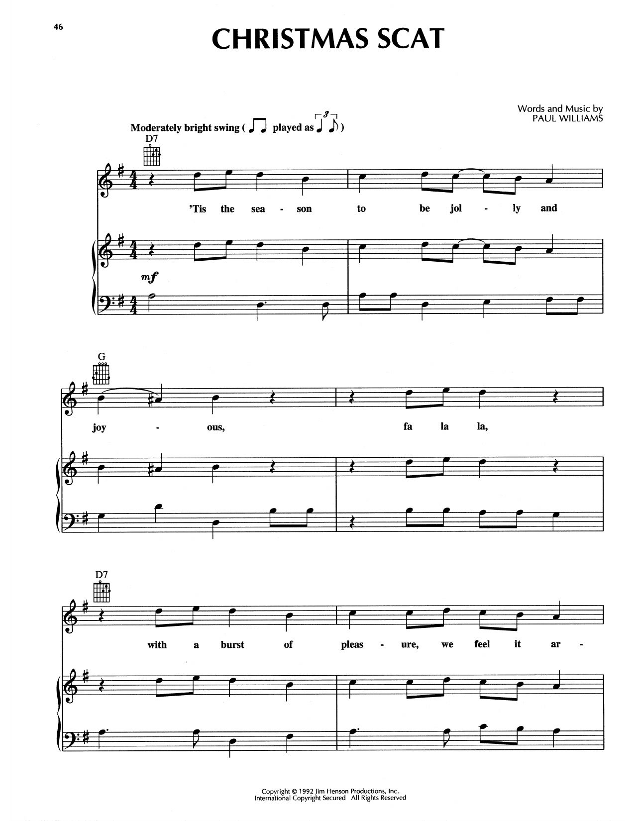 Paul Williams Christmas Scat (from The Muppet Christmas Carol) Sheet Music Notes & Chords for Piano, Vocal & Guitar (Right-Hand Melody) - Download or Print PDF