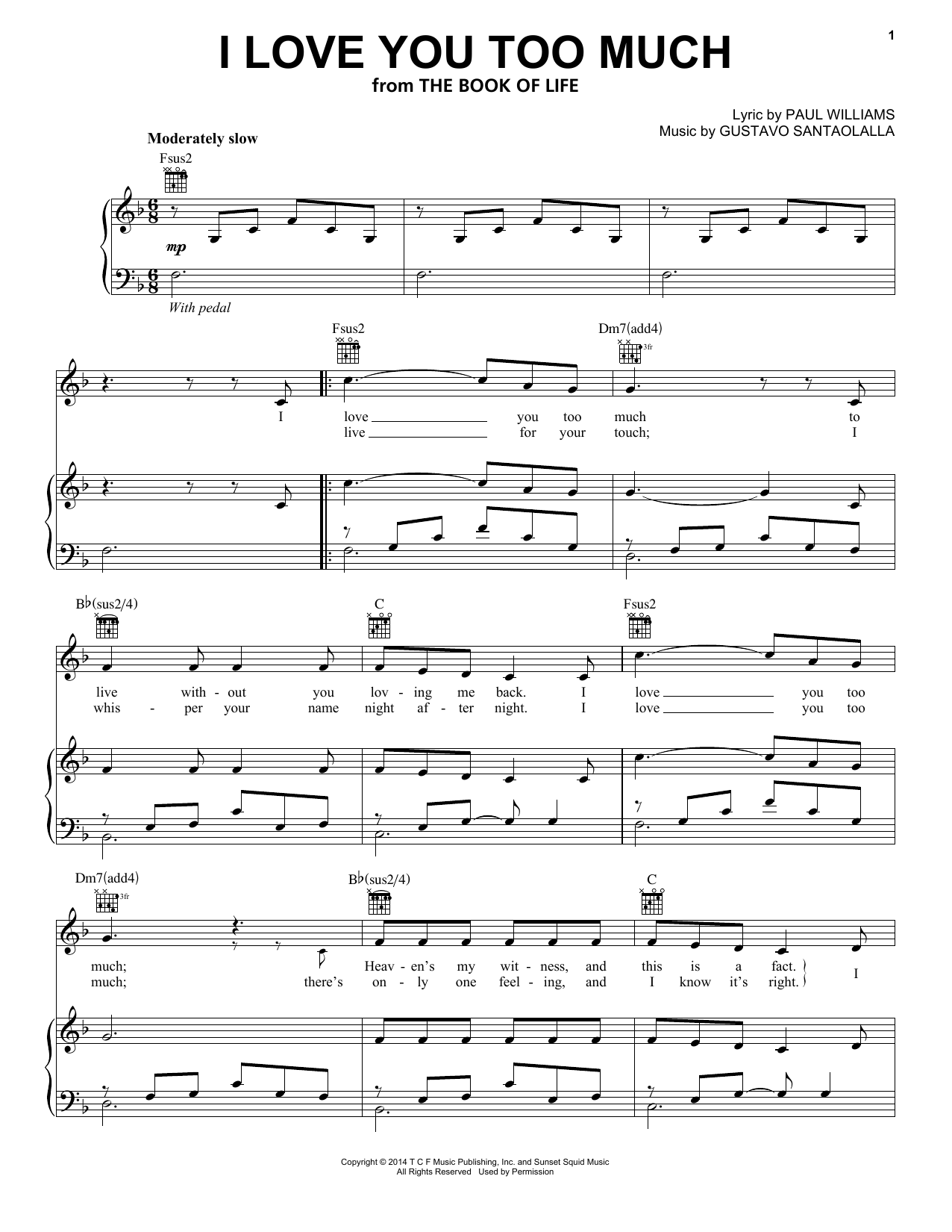 Paul Williams I Love You Too Much Sheet Music Notes & Chords for Piano, Vocal & Guitar (Right-Hand Melody) - Download or Print PDF