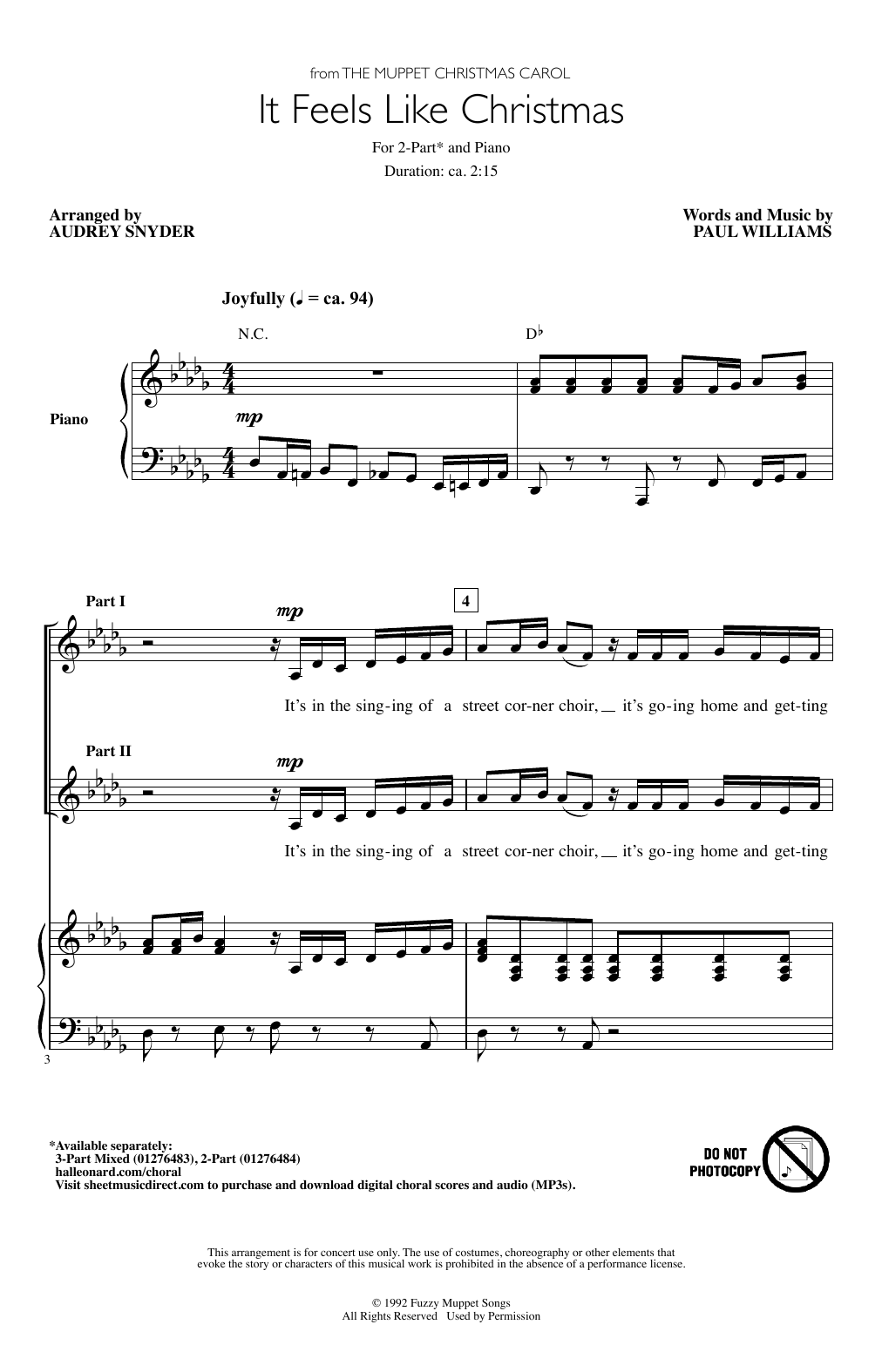 Paul Williams It Feels Like Christmas (from The Muppet Christmas Carol) (arr. Audrey Snyder) Sheet Music Notes & Chords for 2-Part Choir - Download or Print PDF