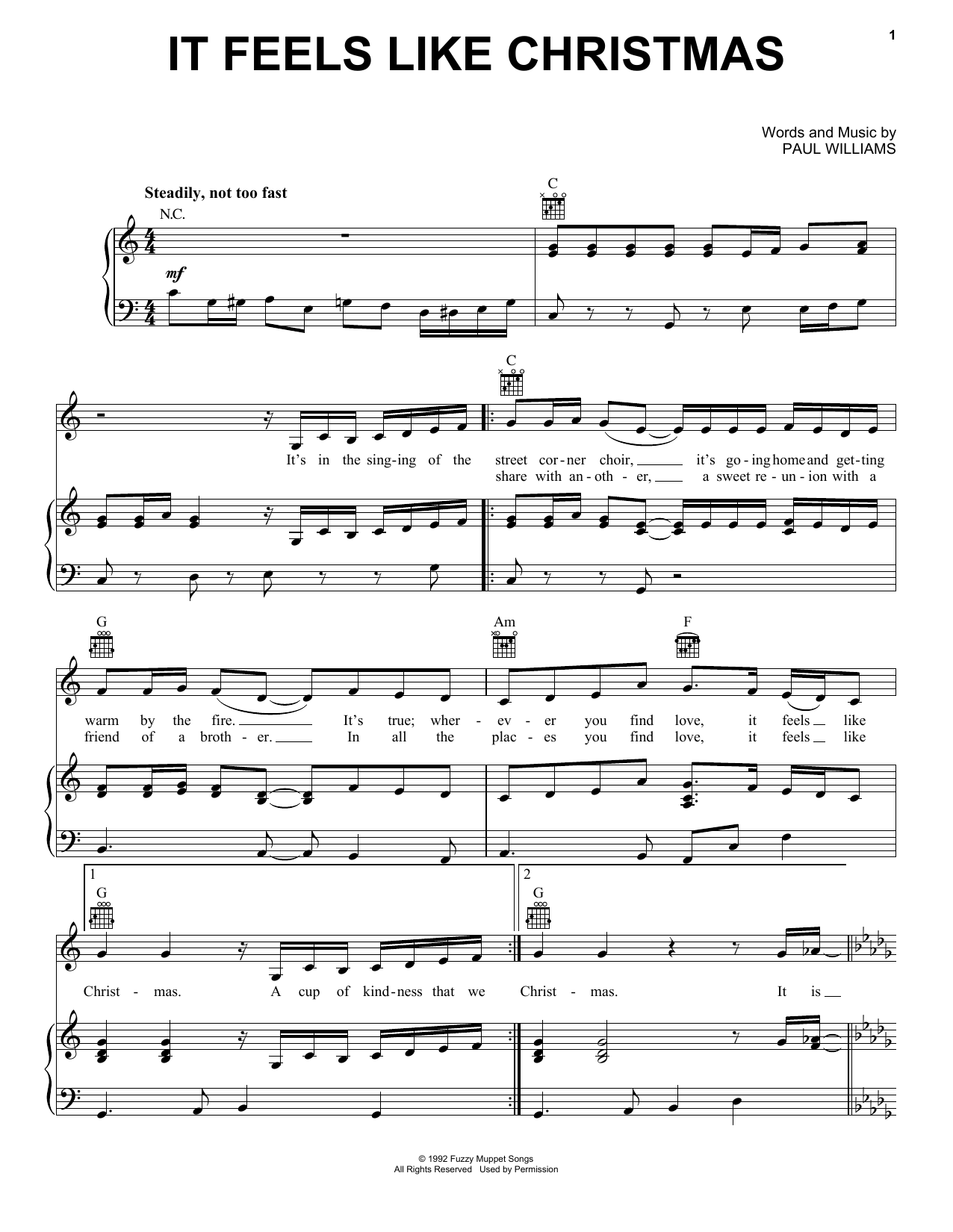 Paul Williams It Feels Like Christmas Sheet Music Notes & Chords for Piano, Vocal & Guitar (Right-Hand Melody) - Download or Print PDF