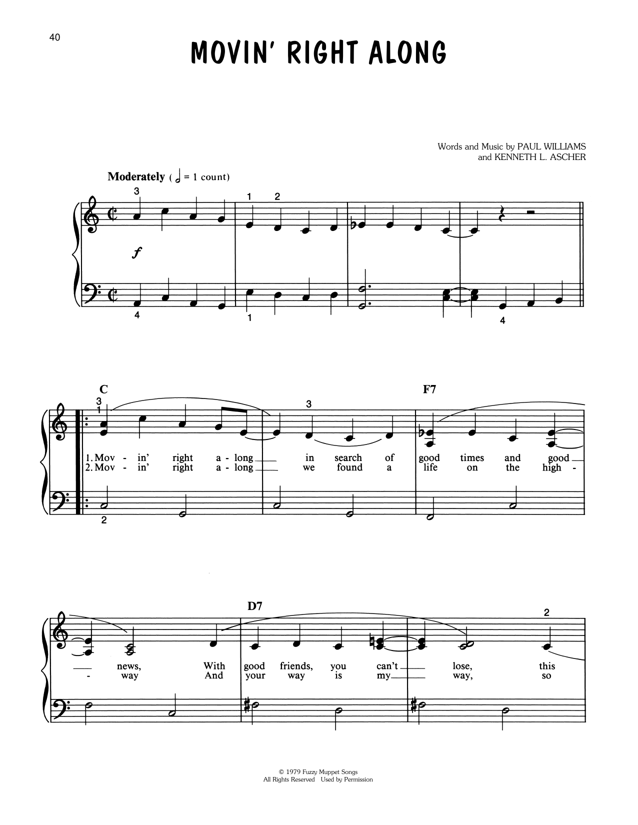 Paul Williams Movin' Right Along (from The Muppet Movie) Sheet Music Notes & Chords for Piano, Vocal & Guitar (Right-Hand Melody) - Download or Print PDF