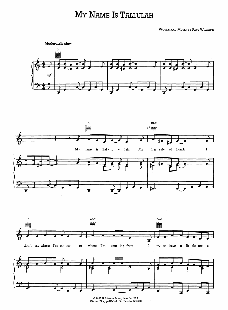 Paul Williams My Name Is Tallulah (from Bugsy Malone) Sheet Music Notes & Chords for Piano, Vocal & Guitar (Right-Hand Melody) - Download or Print PDF