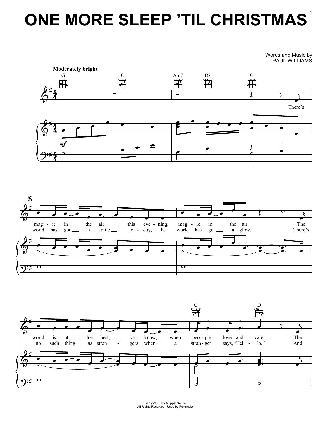 Paul Williams One More Sleep 'Til Christmas Sheet Music Notes & Chords for Piano, Vocal & Guitar (Right-Hand Melody) - Download or Print PDF