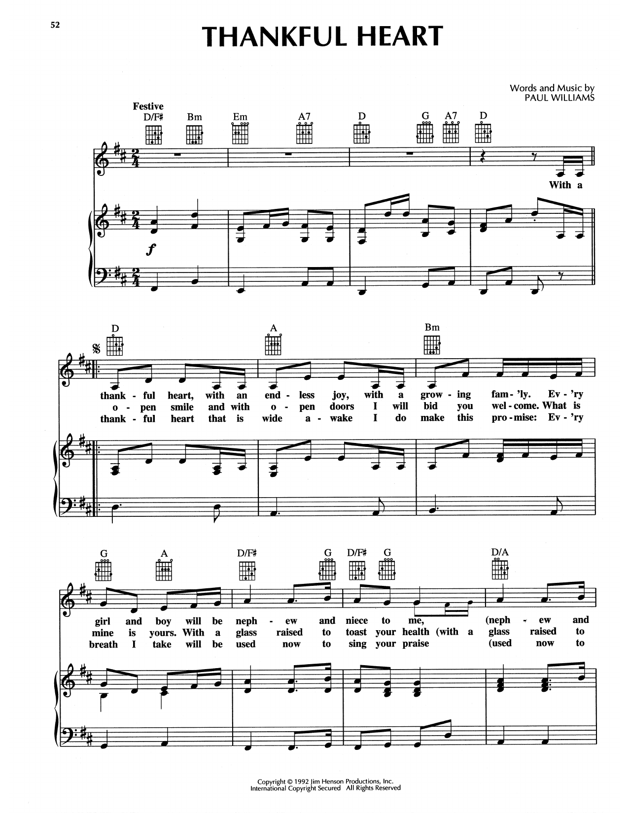Paul Williams Thankful Heart (from The Muppet Christmas Carol) Sheet Music Notes & Chords for Piano, Vocal & Guitar (Right-Hand Melody) - Download or Print PDF