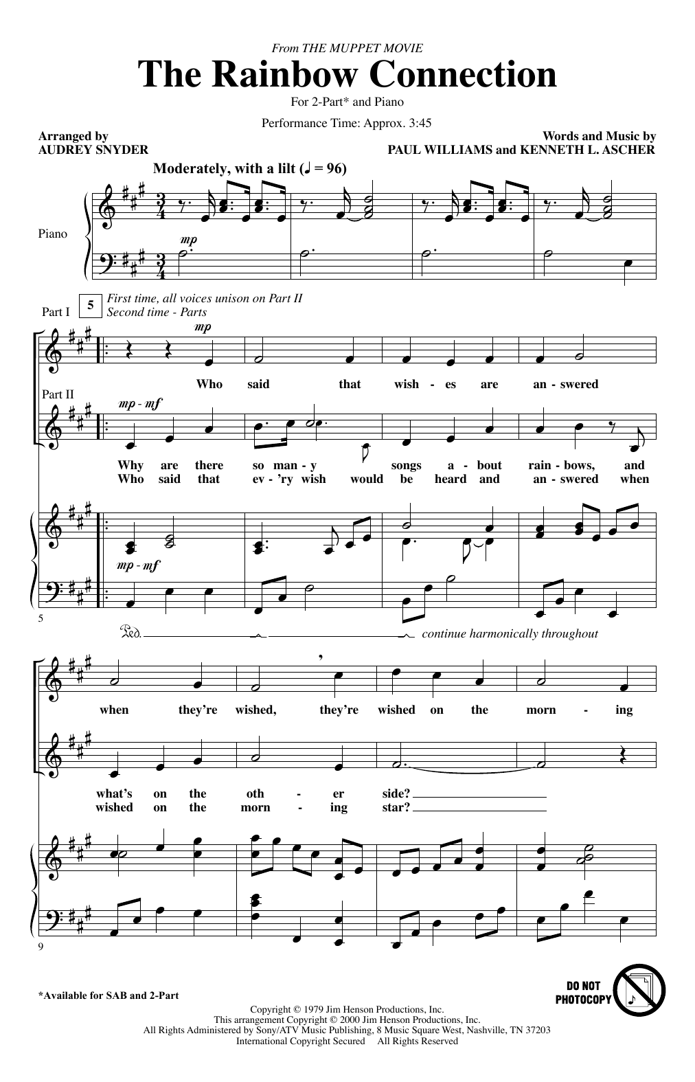Paul Williams The Rainbow Connection (arr. Audrey Snyder) Sheet Music Notes & Chords for 2-Part Choir - Download or Print PDF