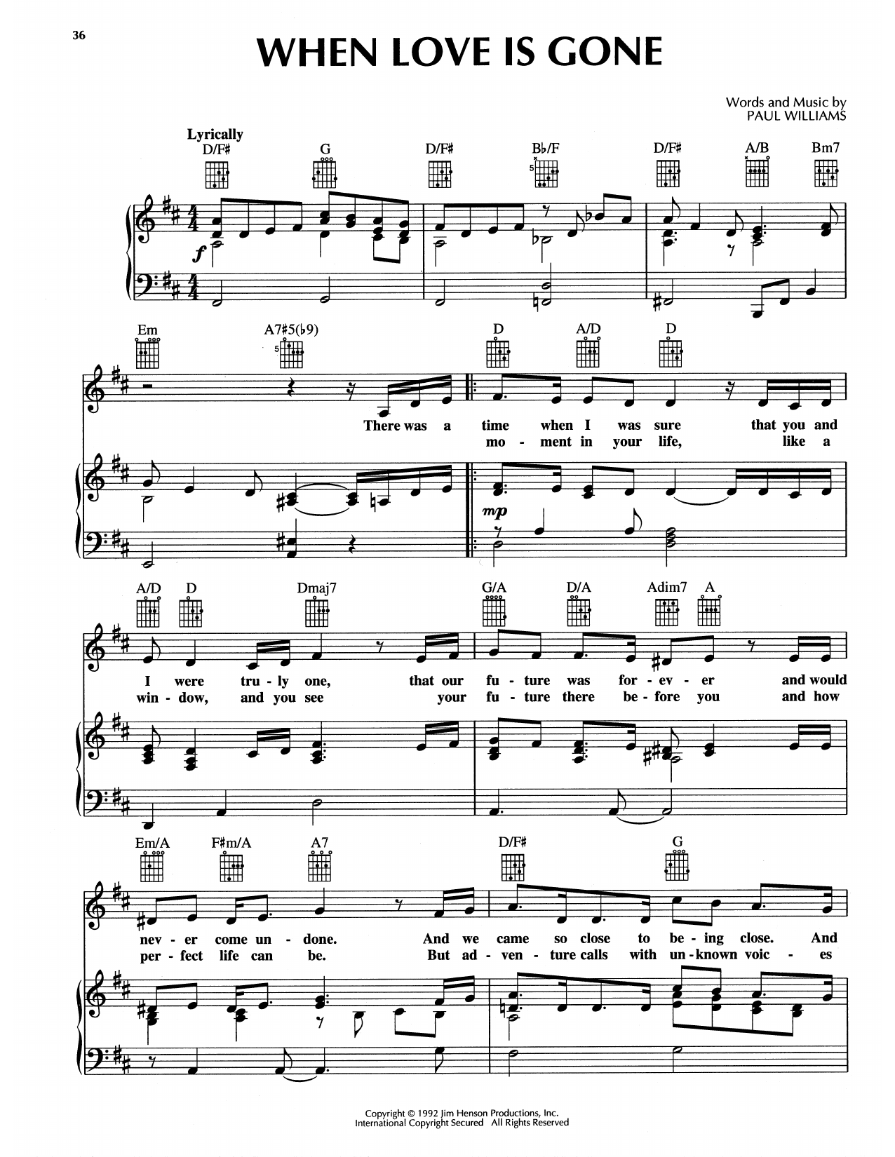 Paul Williams When Love Is Gone (from The Muppet Christmas Carol) Sheet Music Notes & Chords for Piano, Vocal & Guitar (Right-Hand Melody) - Download or Print PDF