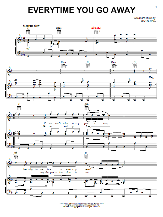 Paul Young Everytime You Go Away Sheet Music Notes & Chords for Piano, Vocal & Guitar (Right-Hand Melody) - Download or Print PDF