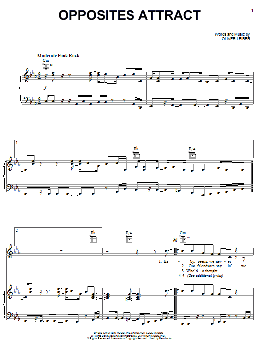 Paula Abdul Opposites Attract Sheet Music Notes & Chords for Piano, Vocal & Guitar (Right-Hand Melody) - Download or Print PDF