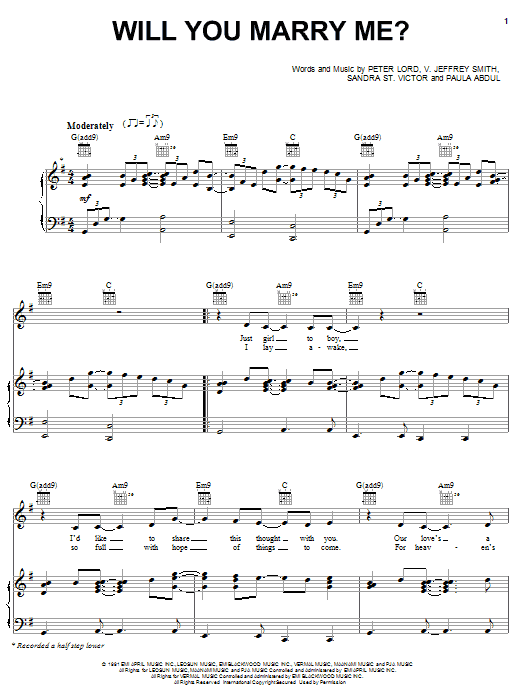 Paula Abdul Will You Marry Me? Sheet Music Notes & Chords for Piano, Vocal & Guitar (Right-Hand Melody) - Download or Print PDF