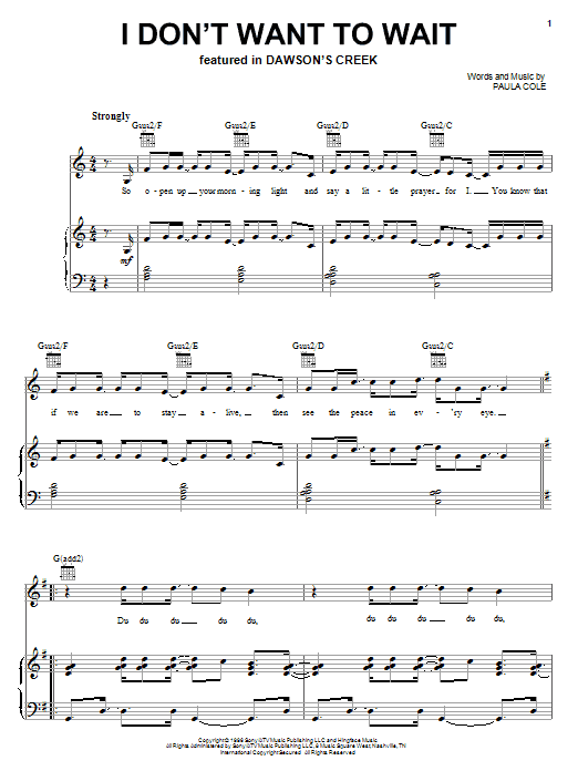 Paula Cole I Don't Want To Wait Sheet Music Notes & Chords for Melody Line, Lyrics & Chords - Download or Print PDF