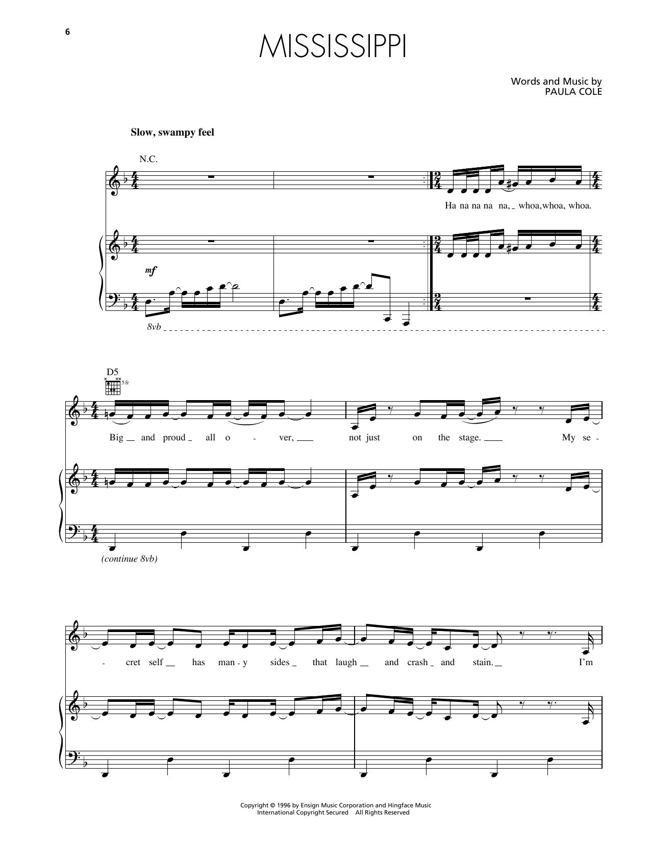 Paula Cole Mississippi Sheet Music Notes & Chords for Piano, Vocal & Guitar Chords (Right-Hand Melody) - Download or Print PDF