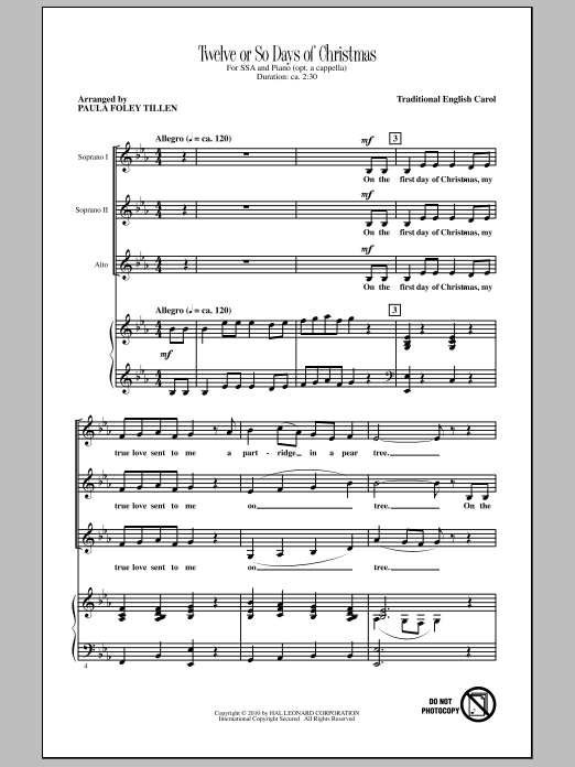 Paula Foley Tillen Twelve Or So Days Of Christmas Sheet Music Notes & Chords for SSA - Download or Print PDF