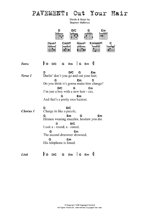 Pavement Cut Your Hair Sheet Music Notes & Chords for Lyrics & Chords - Download or Print PDF