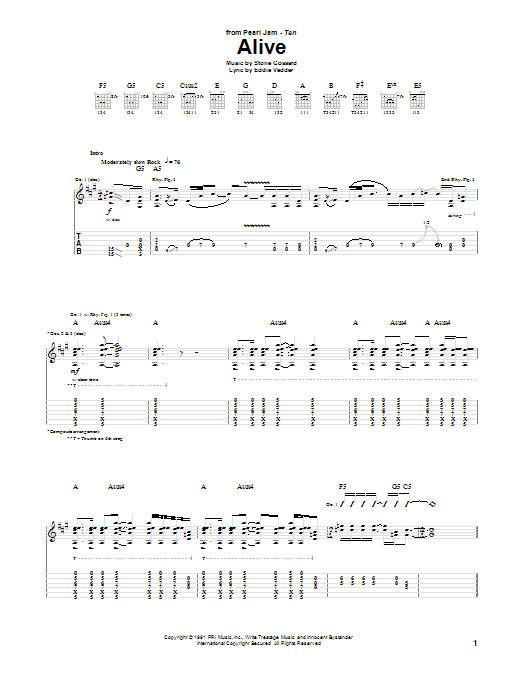 Pearl Jam Alive Sheet Music Notes & Chords for Easy Bass Tab - Download or Print PDF