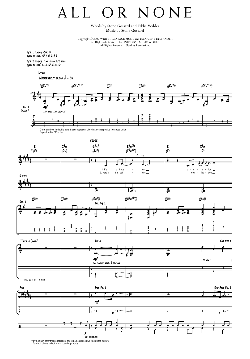 Pearl Jam All Or None Sheet Music Notes & Chords for Transcribed Score - Download or Print PDF