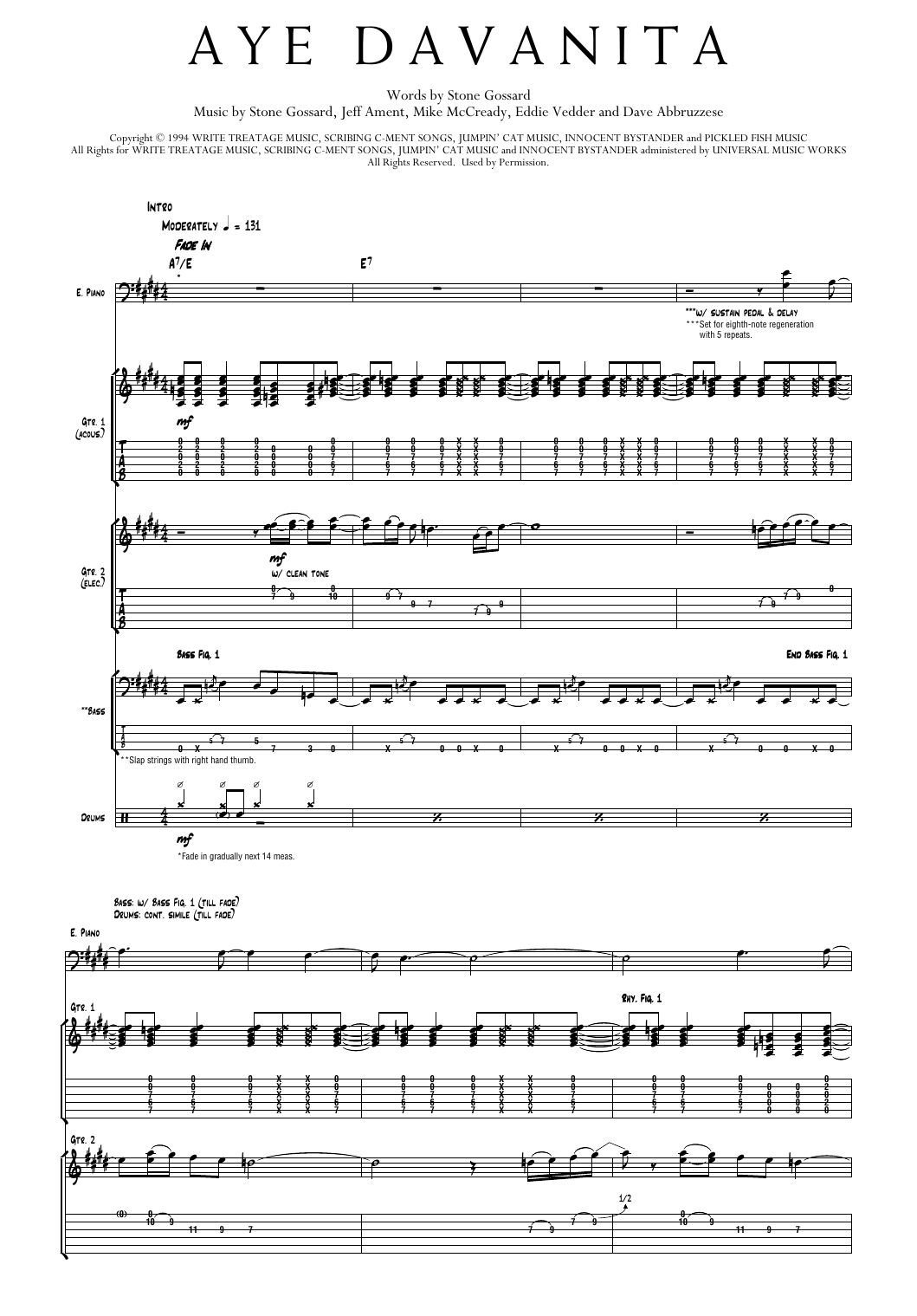 Pearl Jam Aye Davanita Sheet Music Notes & Chords for Transcribed Score - Download or Print PDF