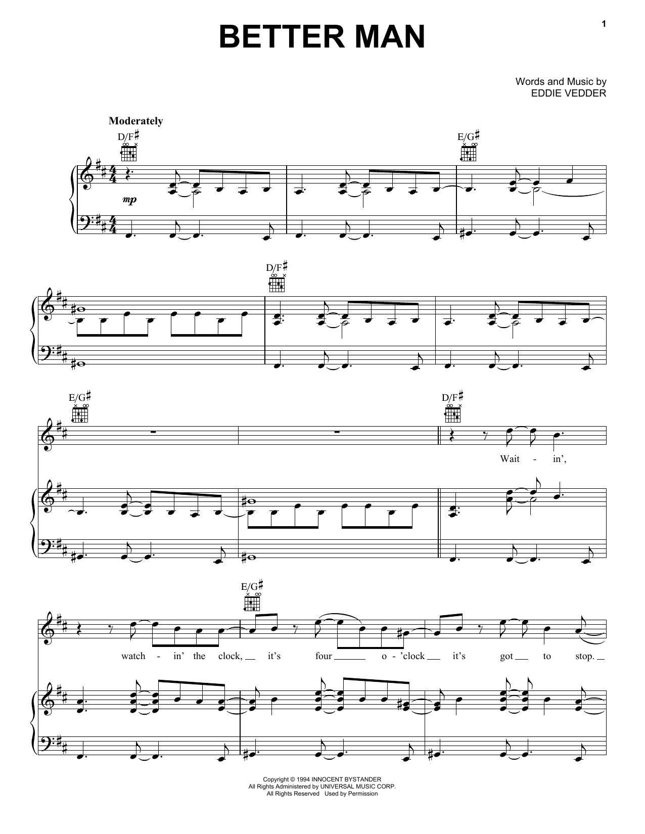 Pearl Jam Better Man Sheet Music Notes & Chords for Piano, Vocal & Guitar (Right-Hand Melody) - Download or Print PDF