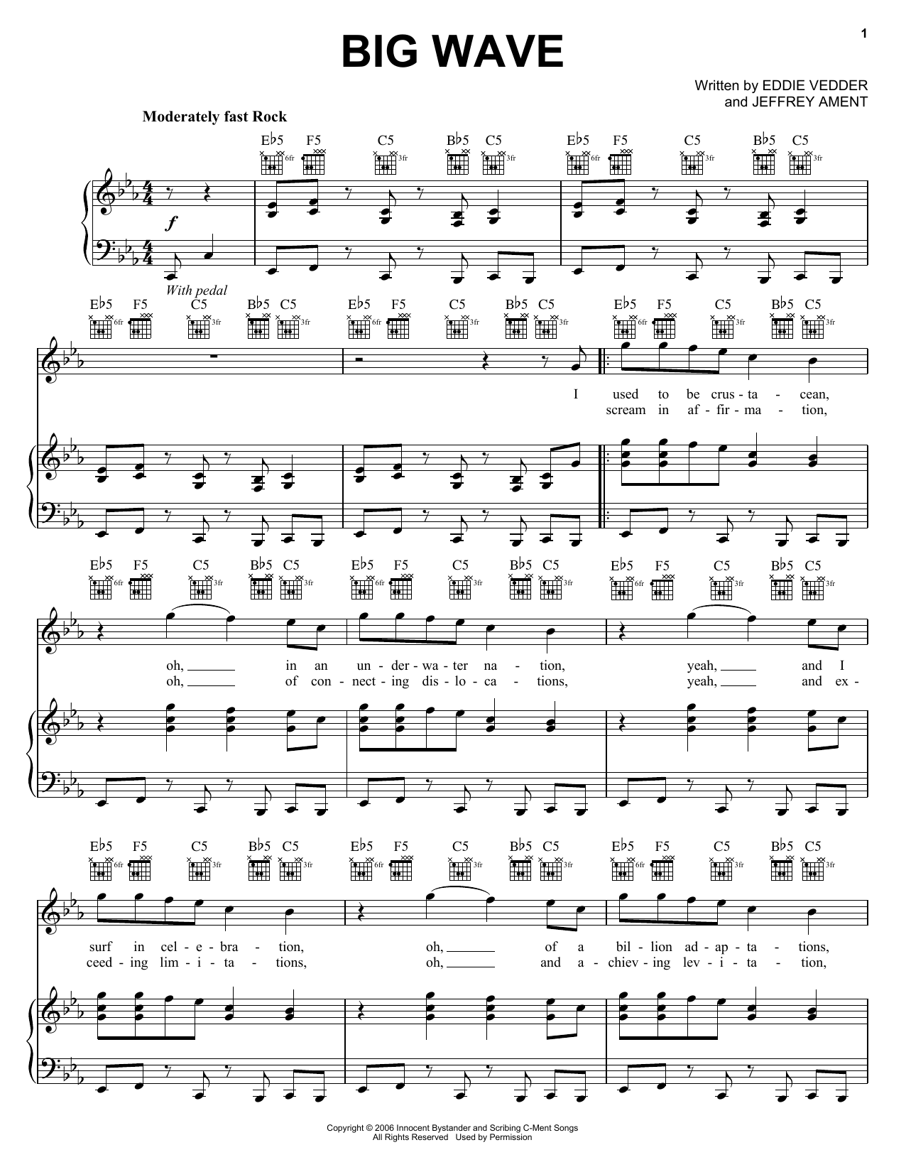 Pearl Jam Big Wave Sheet Music Notes & Chords for Piano, Vocal & Guitar (Right-Hand Melody) - Download or Print PDF