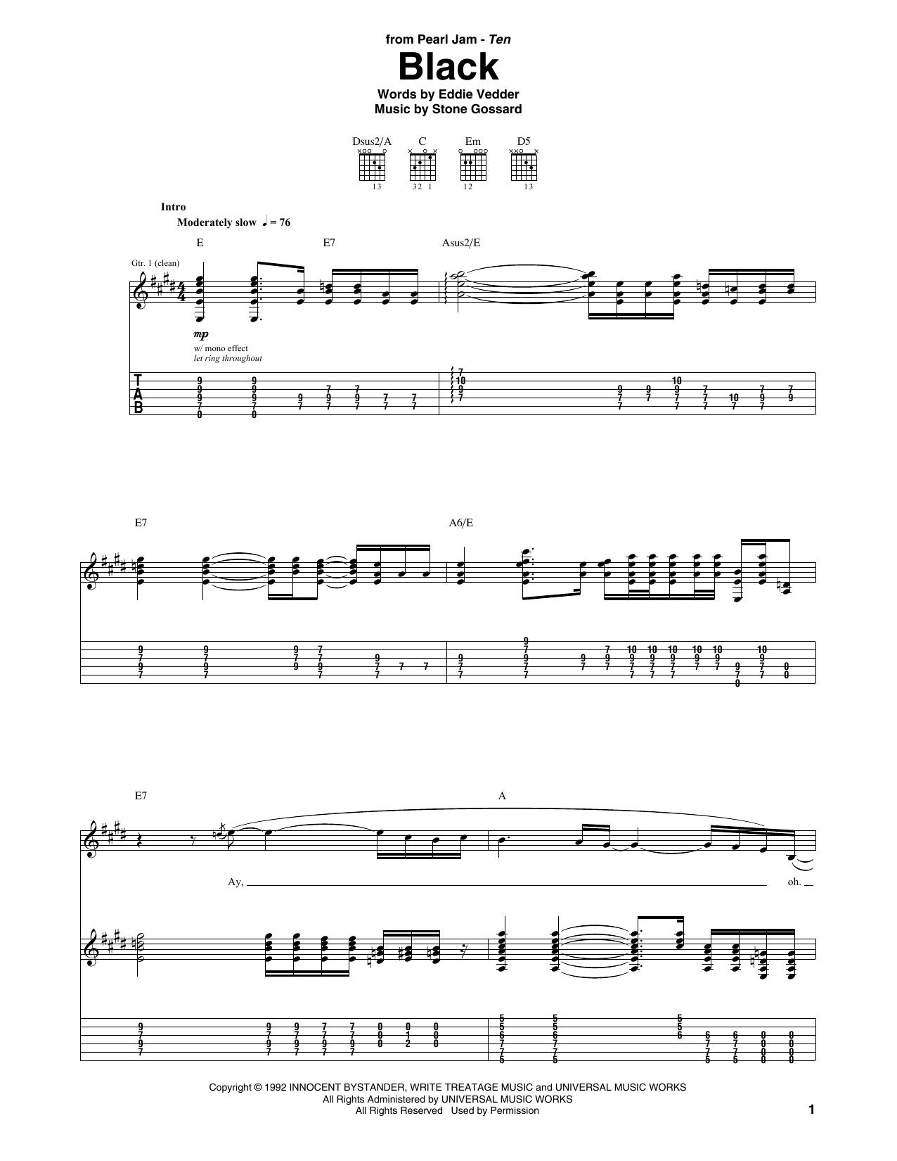 Pearl Jam Black Sheet Music Notes & Chords for Guitar Tab - Download or Print PDF