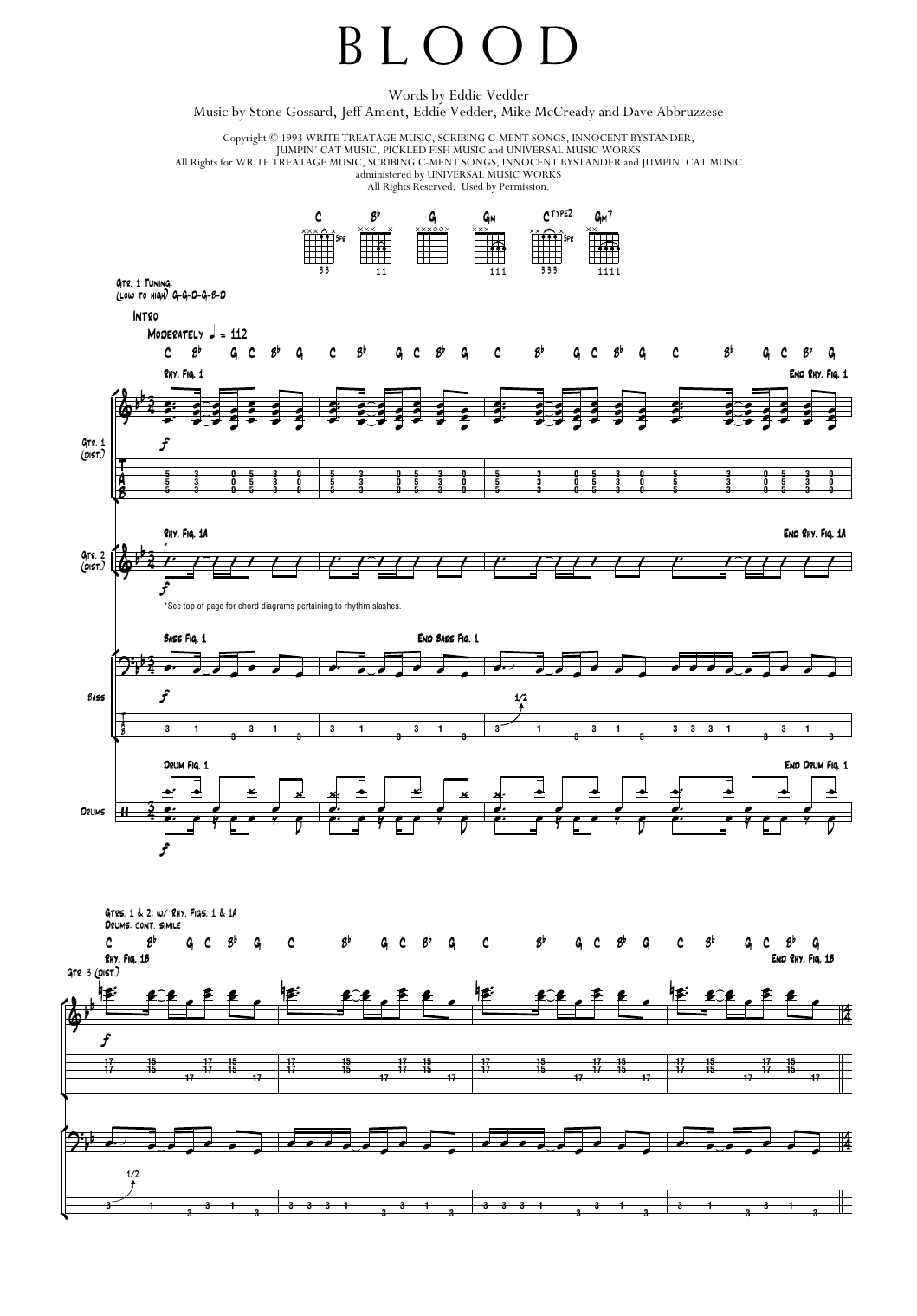 Pearl Jam Blood Sheet Music Notes & Chords for Transcribed Score - Download or Print PDF