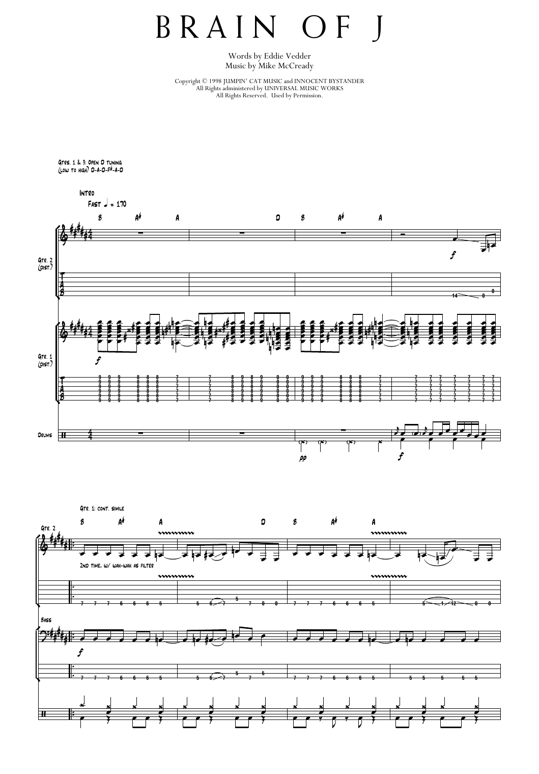 Pearl Jam Brain Of J Sheet Music Notes & Chords for Transcribed Score - Download or Print PDF