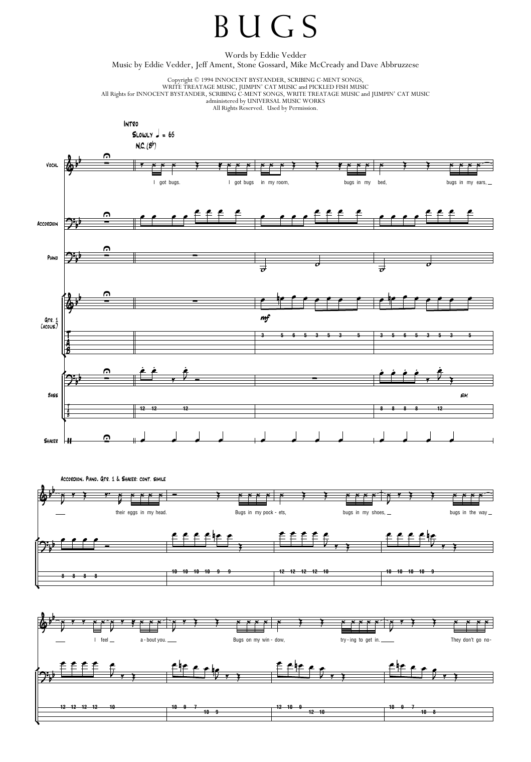 Pearl Jam Bugs Sheet Music Notes & Chords for Transcribed Score - Download or Print PDF