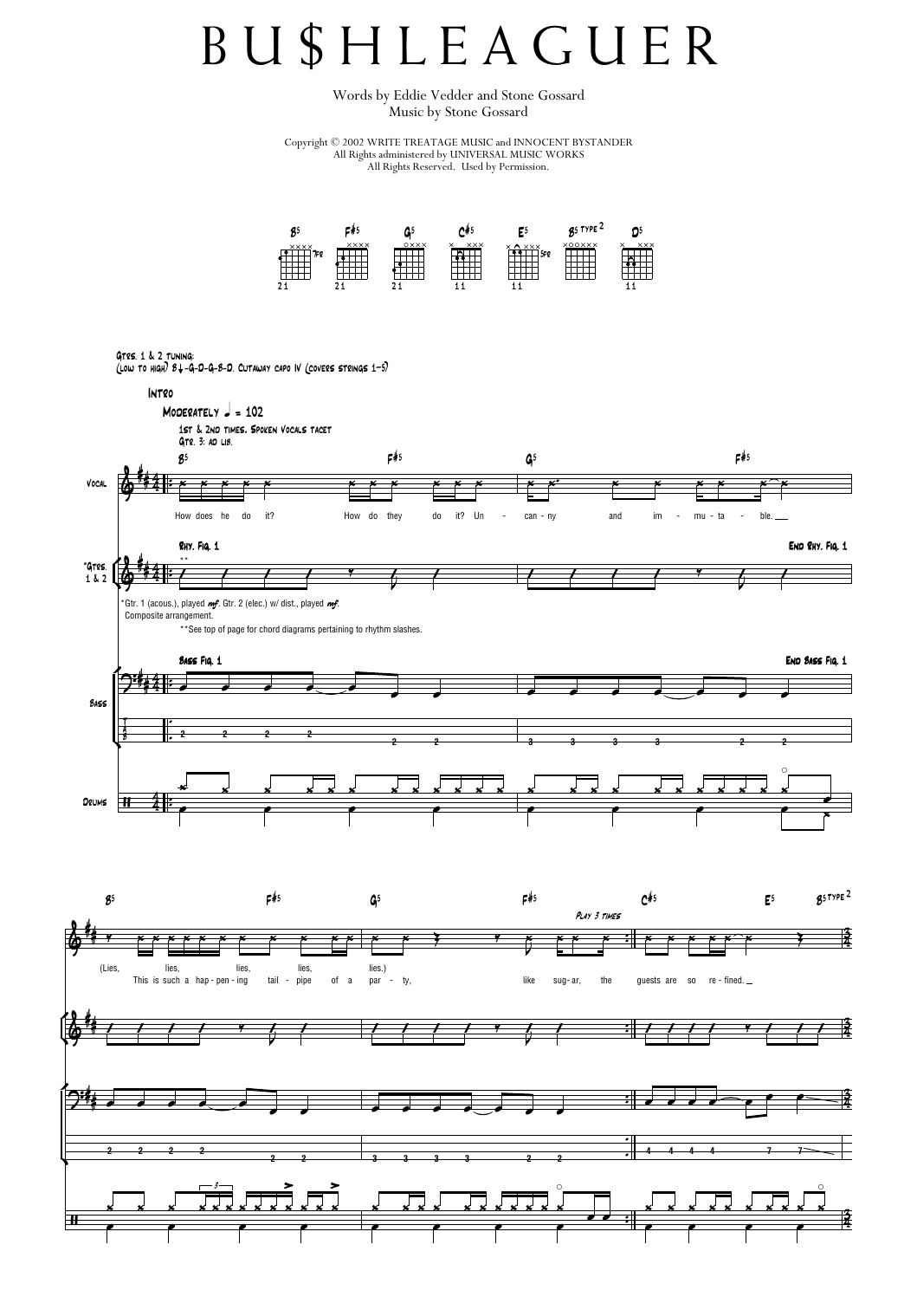 Pearl Jam Bushleager Sheet Music Notes & Chords for Transcribed Score - Download or Print PDF