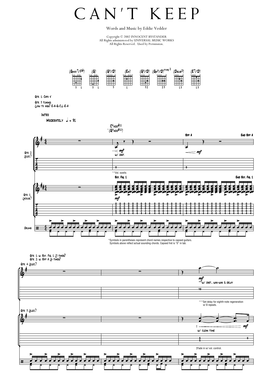Pearl Jam Can't Keep Sheet Music Notes & Chords for Transcribed Score - Download or Print PDF