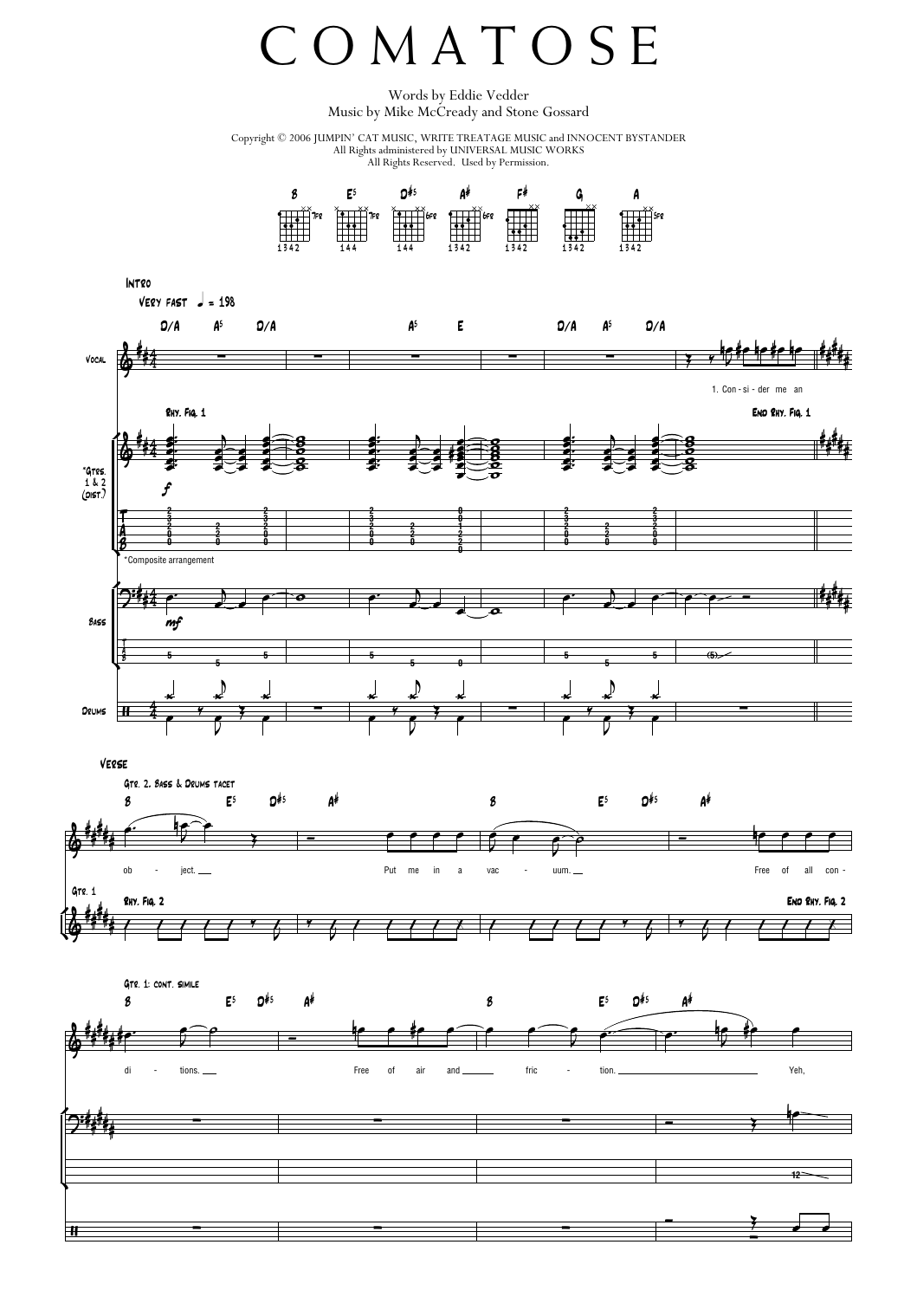 Pearl Jam Comatose Sheet Music Notes & Chords for Transcribed Score - Download or Print PDF