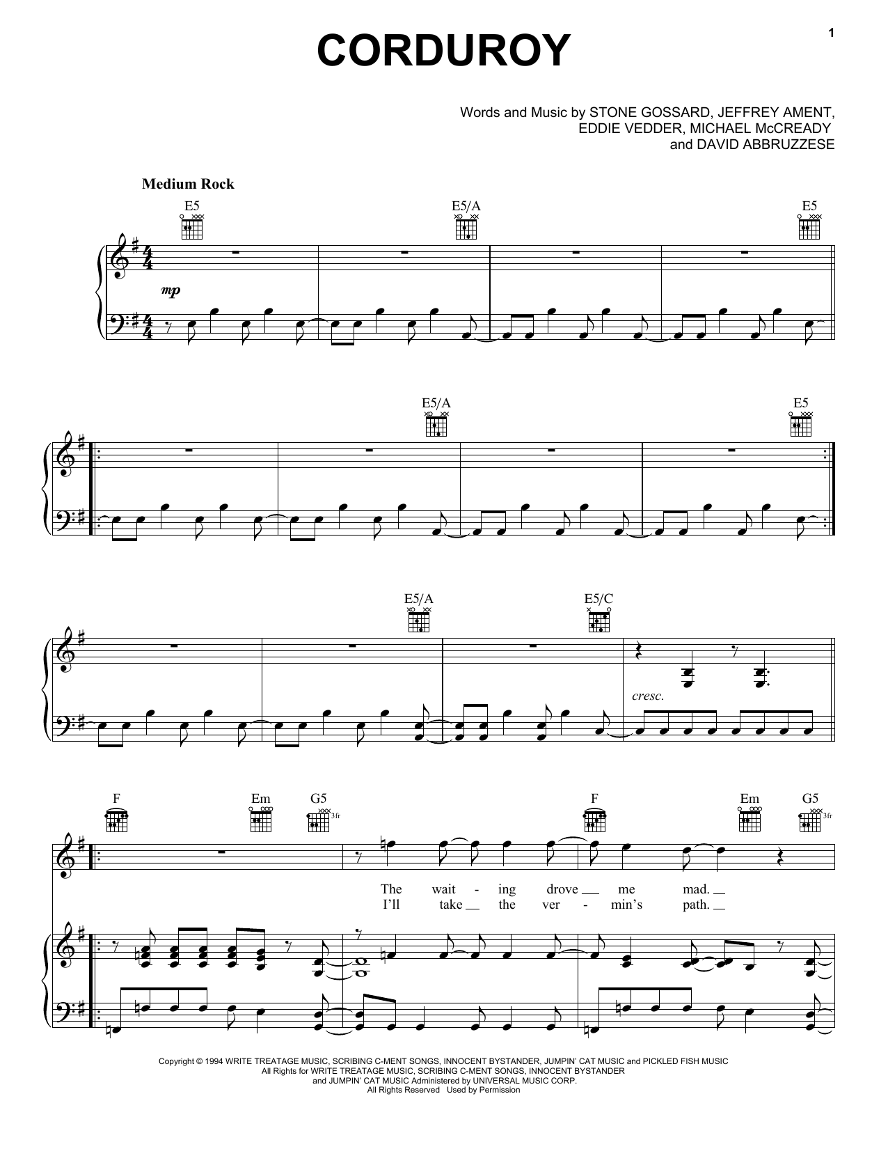 Pearl Jam Corduroy Sheet Music Notes & Chords for Piano, Vocal & Guitar (Right-Hand Melody) - Download or Print PDF