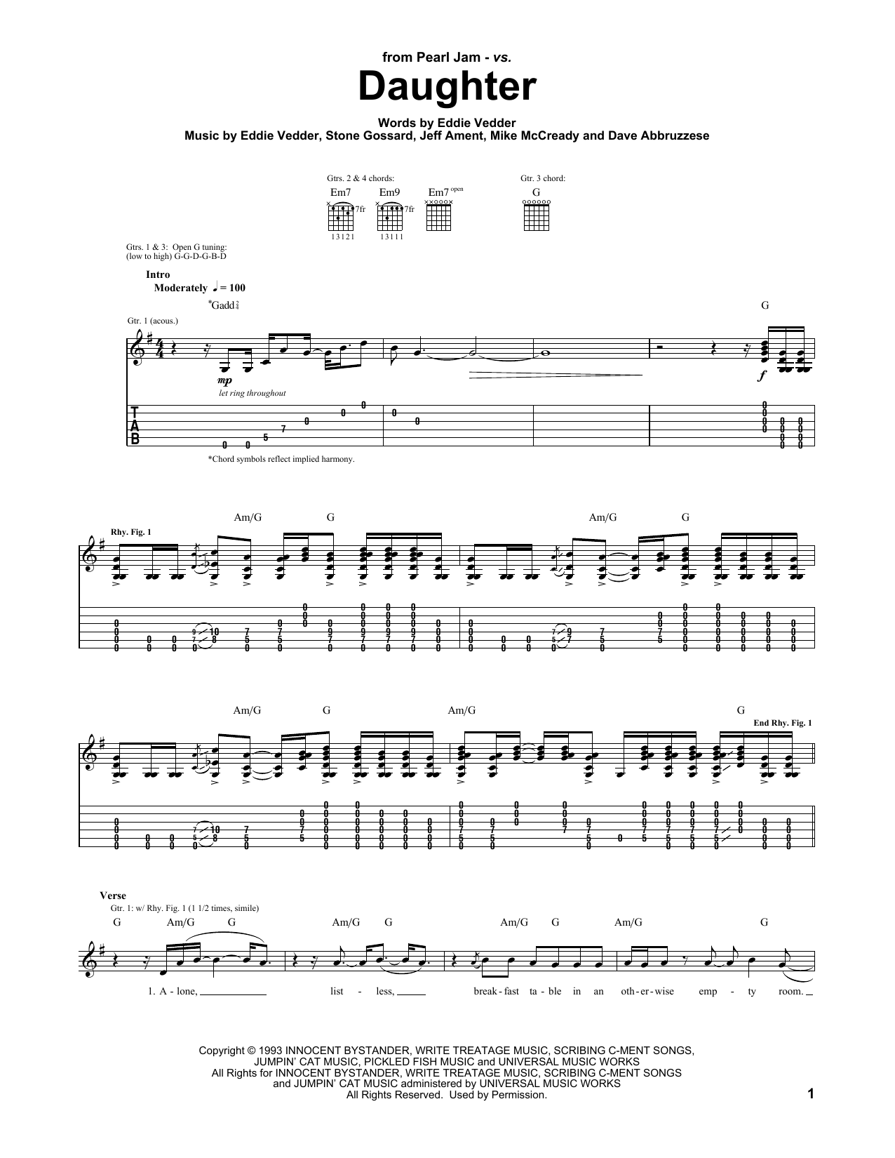 Pearl Jam Daughter Sheet Music Notes & Chords for Lyrics & Chords - Download or Print PDF