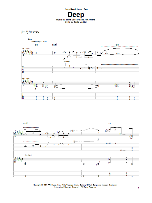 Pearl Jam Deep Sheet Music Notes & Chords for Guitar Tab - Download or Print PDF