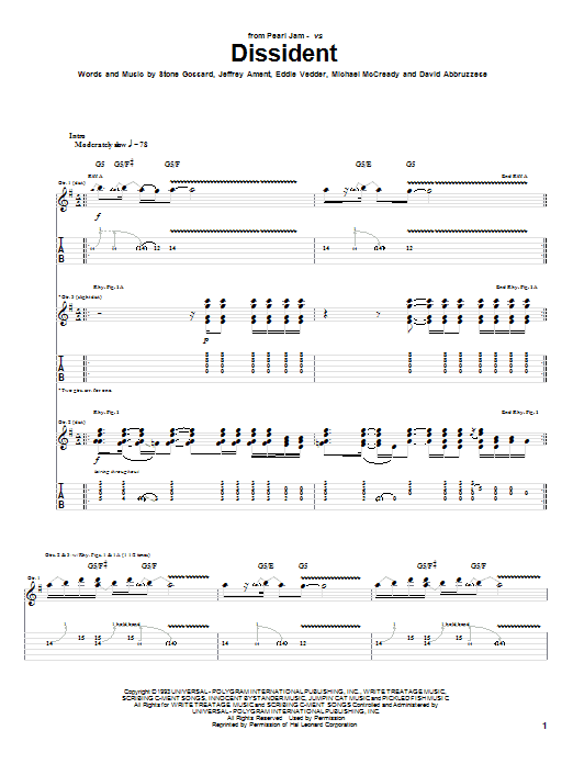 Pearl Jam Dissident Sheet Music Notes & Chords for Guitar Tab - Download or Print PDF