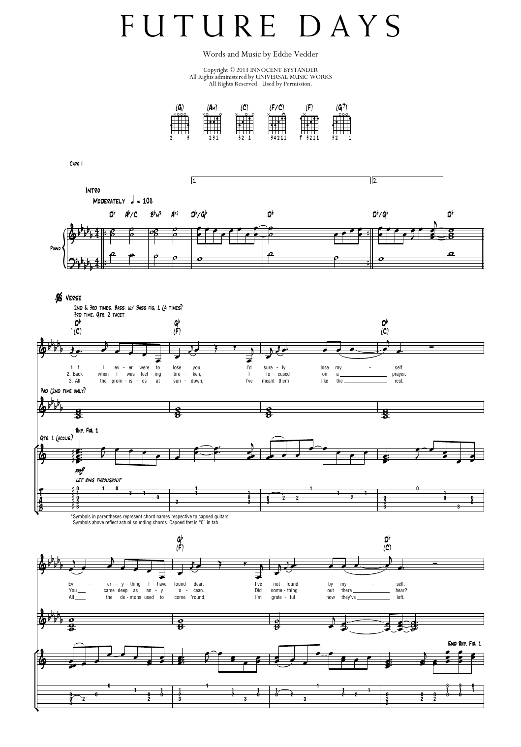 Pearl Jam Future Days Sheet Music Notes & Chords for Transcribed Score - Download or Print PDF