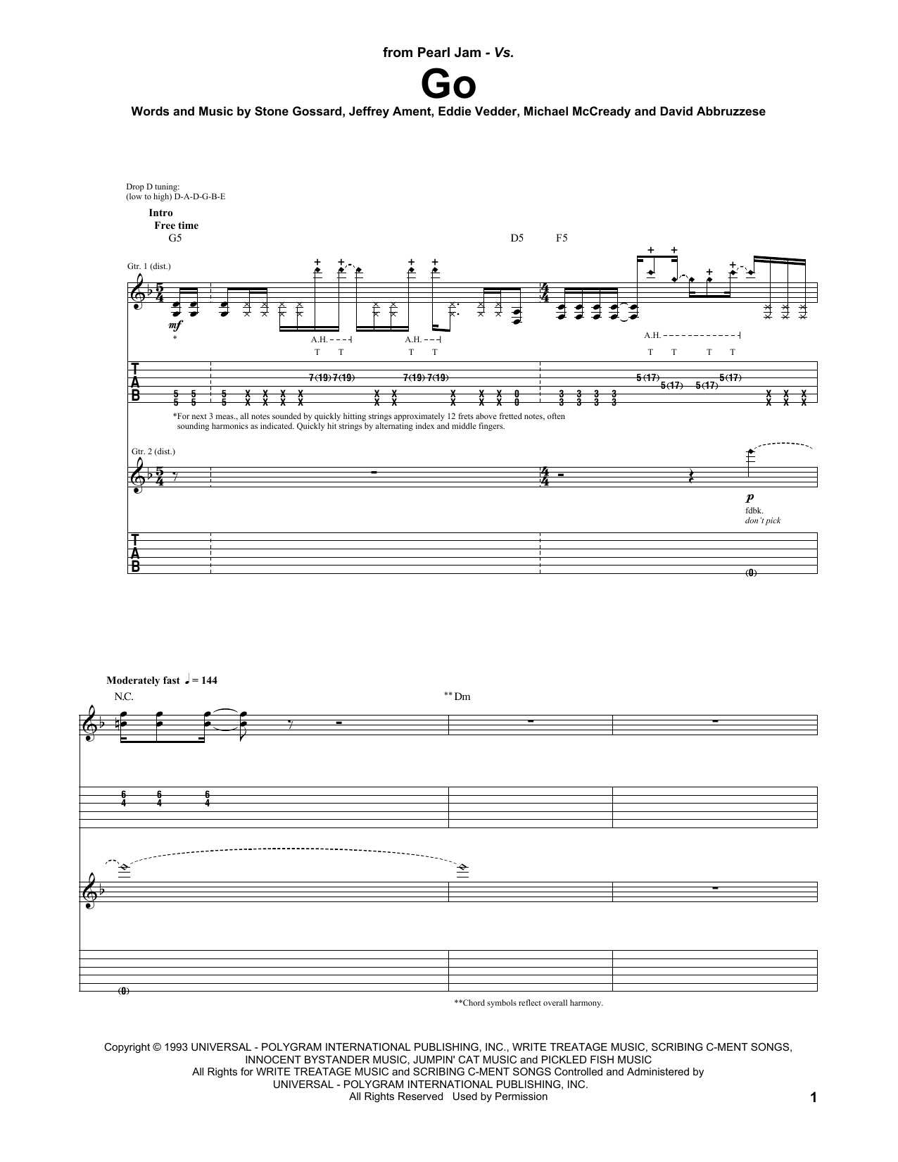 Pearl Jam Go Sheet Music Notes & Chords for Guitar Tab - Download or Print PDF