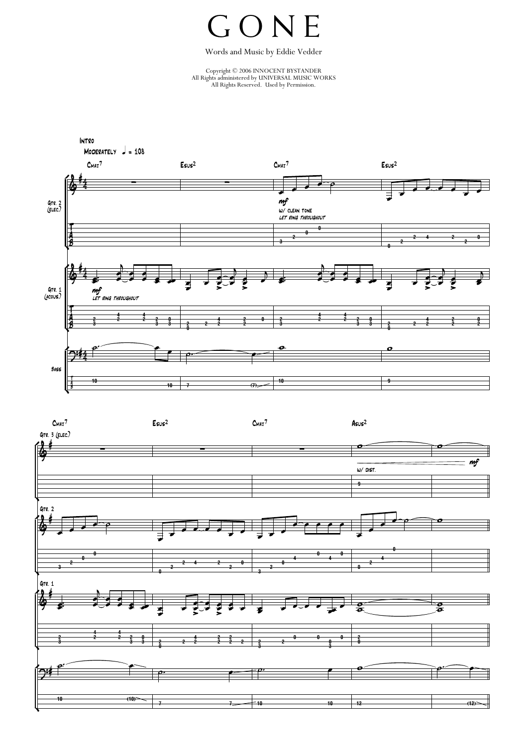 Pearl Jam Gone Sheet Music Notes & Chords for Transcribed Score - Download or Print PDF