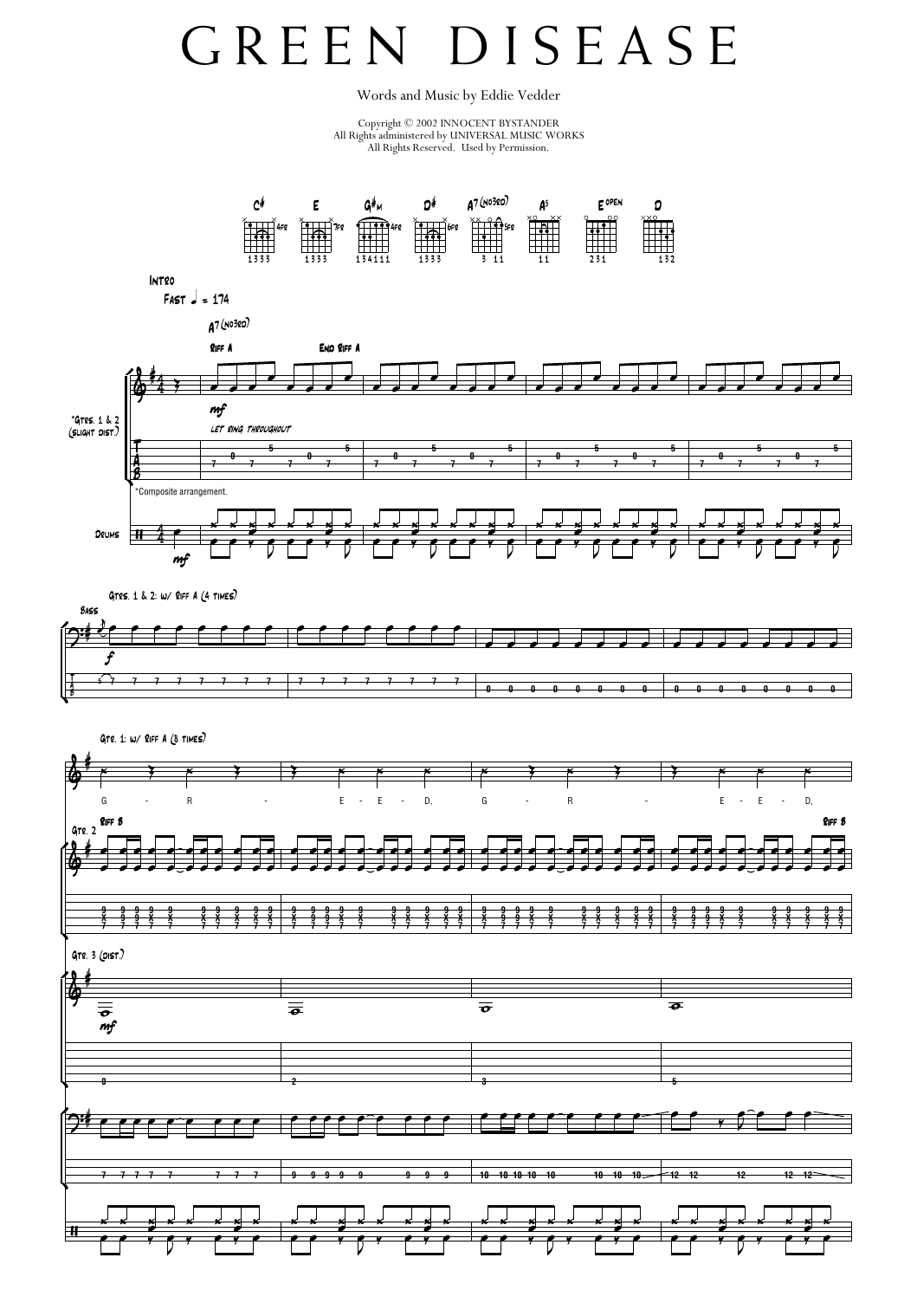 Pearl Jam Green Disease Sheet Music Notes & Chords for Transcribed Score - Download or Print PDF