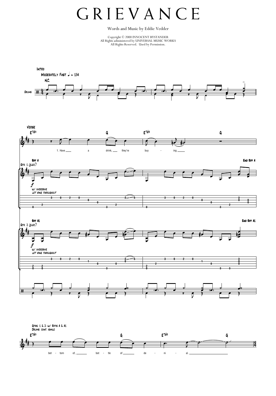Pearl Jam Grievance Sheet Music Notes & Chords for Transcribed Score - Download or Print PDF